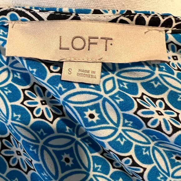 LOFT Blue & Black Ocean Mosaic Tassel Tie Midi Dress, Size Small - Picture 15 of 16